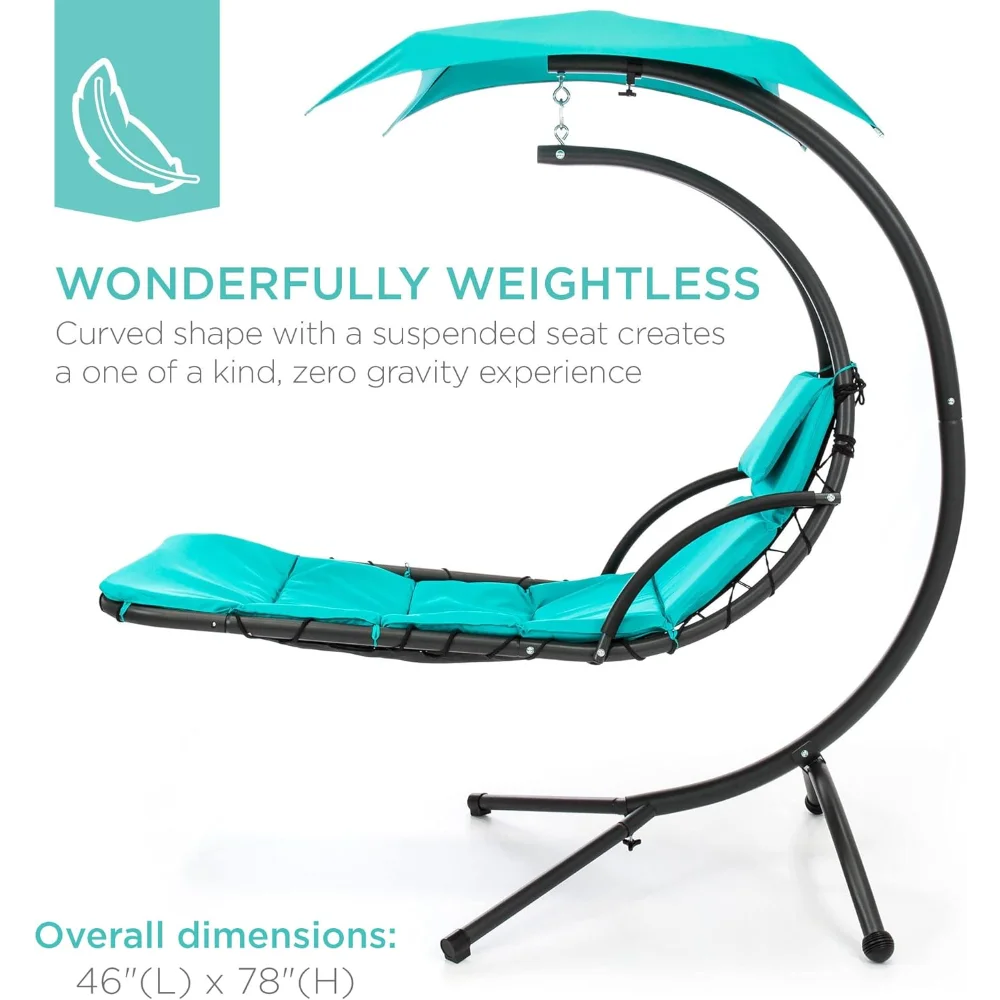 Outdoor Hanging Curved Steel Chaise Lounge Chair Swing w/Built-in Pillow and Removable Canopy - Teal