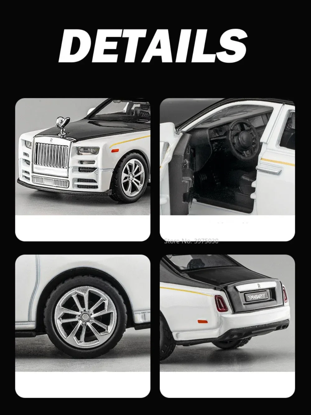 Rolls Royce-modelo de coche Phantom para niños, juguete de simulación de aleación fundido a presión con luz de sonido, 2 puertas abiertas, regalos de Navidad, 1/36