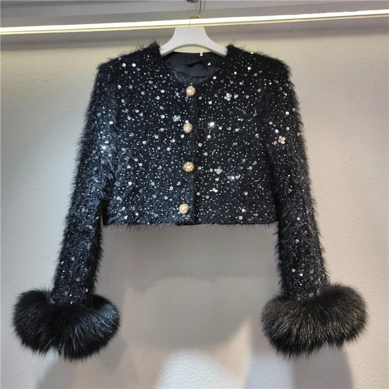 Office Lady Short Puffer Jacket Female 2023 Winter Temperament Crew Neck Single Breasted Fur Stitching Long Sleeve Jacket Top