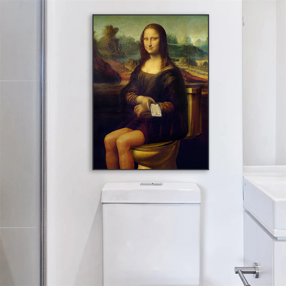 Funny Mona Lisa Bathroom Poster Decor Vintage Leonardo da Vinci Famous Print Toilet Paper Canvas Painting Classical Toilet Decor