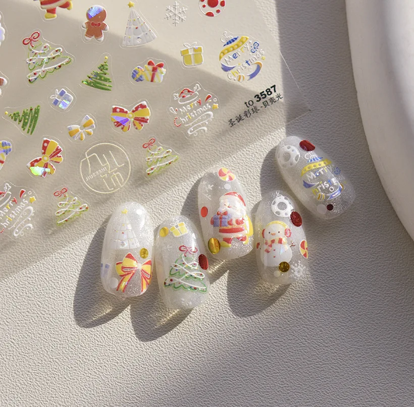 High Quality Cute Flash Santa Claus Christmas Tree Snowman Nail Art Decoration Slider Nail Stickers DIY Nail Ornament T-3586