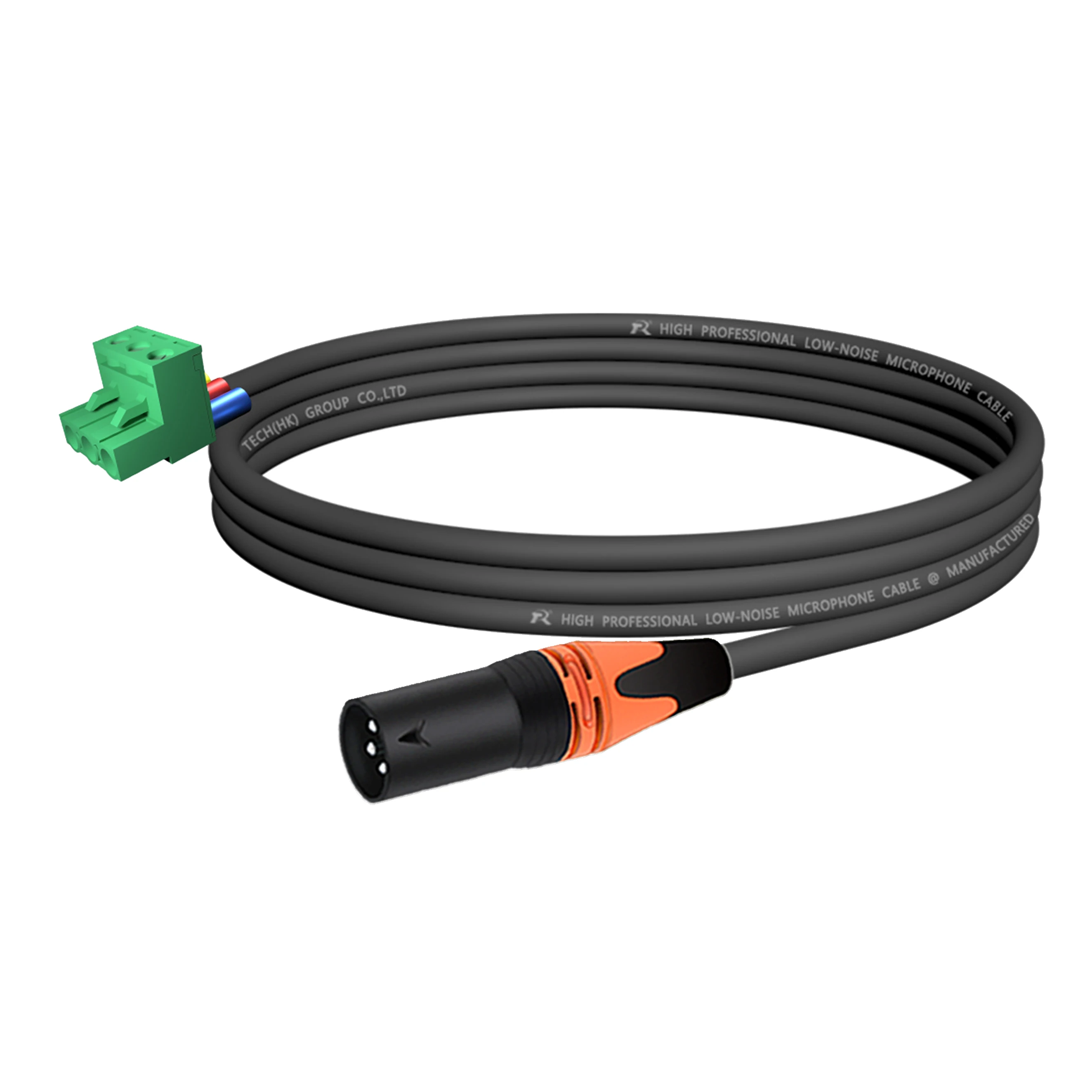 XLR mit schwarzem Rückgehäuse, mehrfarbiger rutschfester Abdeckung, verbunden mit 5,08 mm 3-poligem Phoenix-Steckeranschluss, für Audiogeräte. – Detail 5