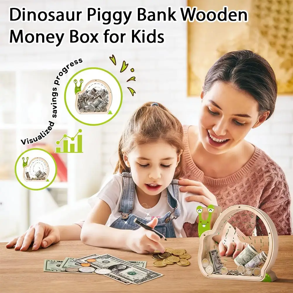 Wooden Dinosaur Piggy Bank For Kids Educational Toy To Foster Saving Habit, Safe Cash Jar, Gift For Boys Girls Room Decor
