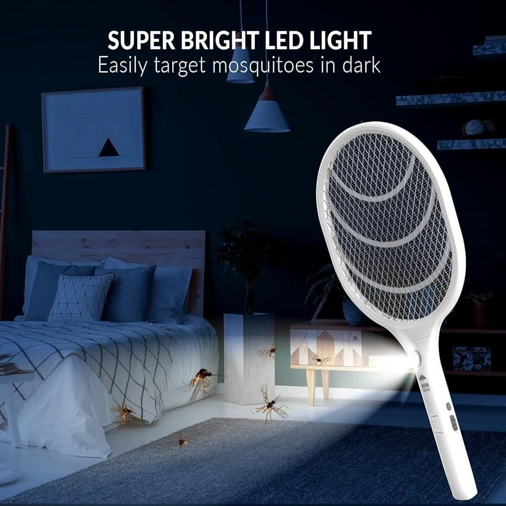 Portable Electric Fly Swatter Mosquito Zapper with LED Light Rechargeable USB Indoor Outdoor Bug Trap Racket Safe Design