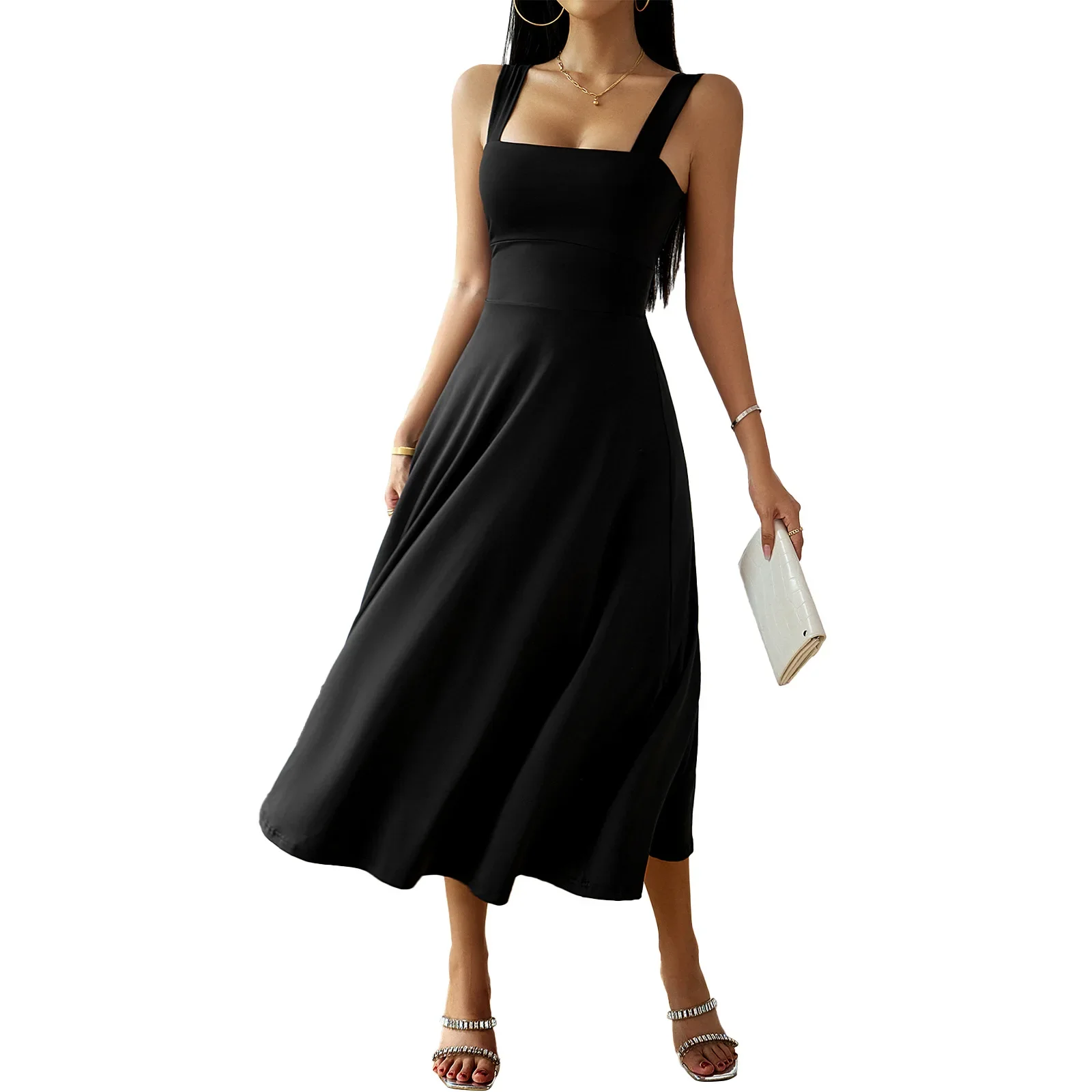 Sling Sleeveless Bare Shoulders Sexy Long Dress Solid Sexy Slip Dress for Women Square Collar  Elegantes Summer Dresses Vesidos