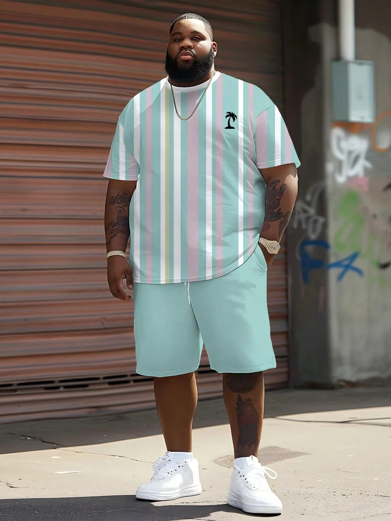 

Big & Tall Men's Mint Green Striped T-Shirt And Shorts Set Casual Summer Outfit