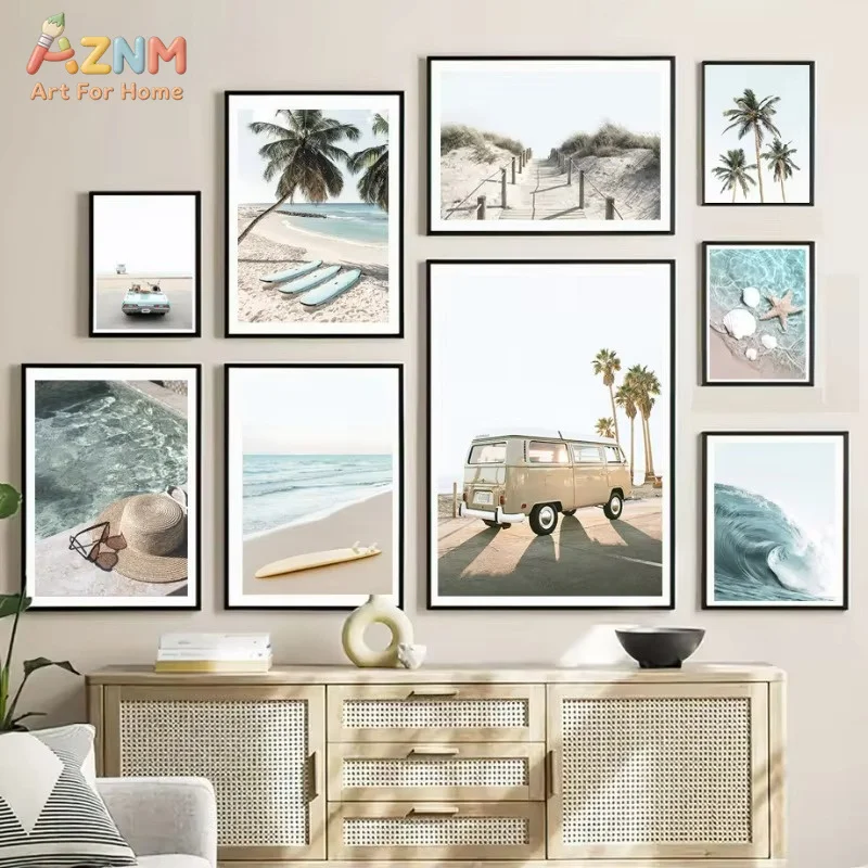 1PC Summer Ocean Sea Wave Poster Beach Surfboard Bus Tree Canvas Painting Travel Vacation Nordic Wall Art Picture Home Decor