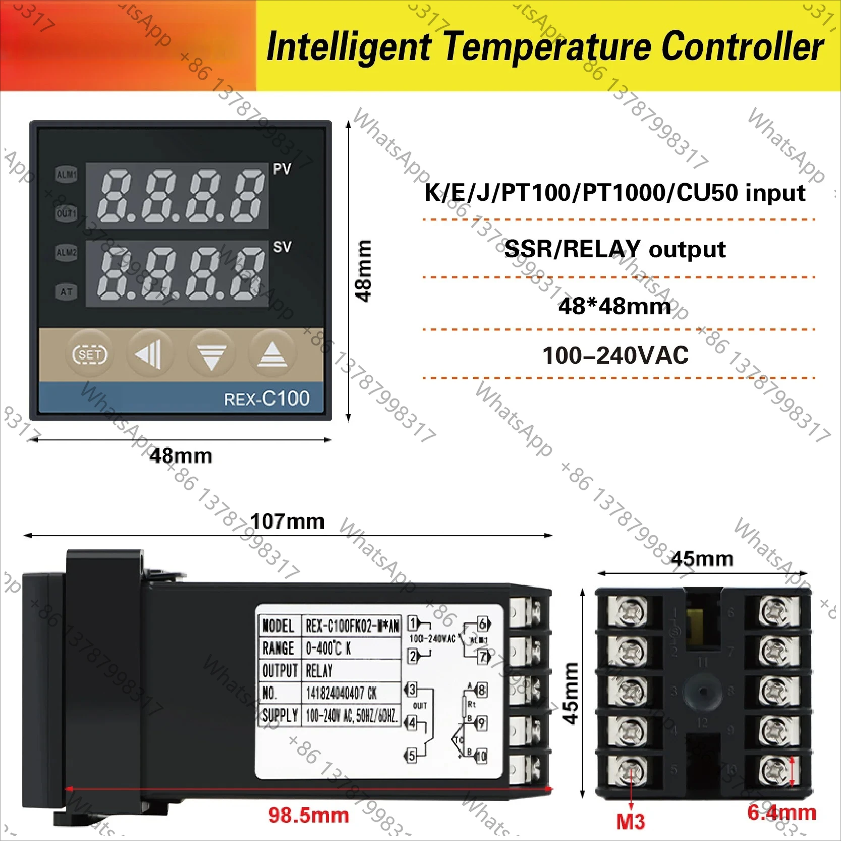 REX-C100 Digital Temperature Controller, PID Control, Solid State Relay Output, High Precision Thermostat