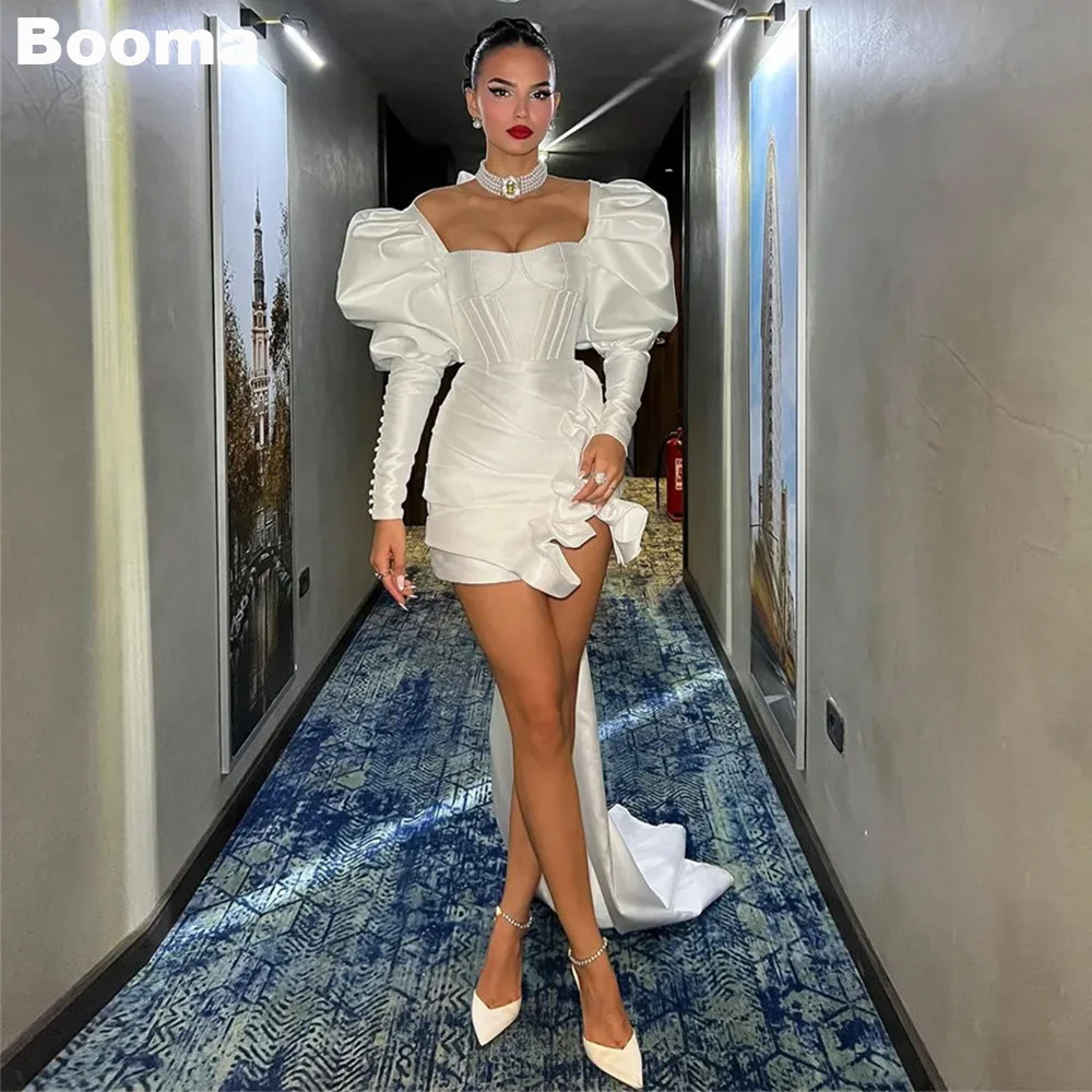 

Booma Mini Mermaid Wedding Party Dresses Long Puff Sleeves Draped Brides Prom Dress for Women Above Knee Bridals Gown Customized