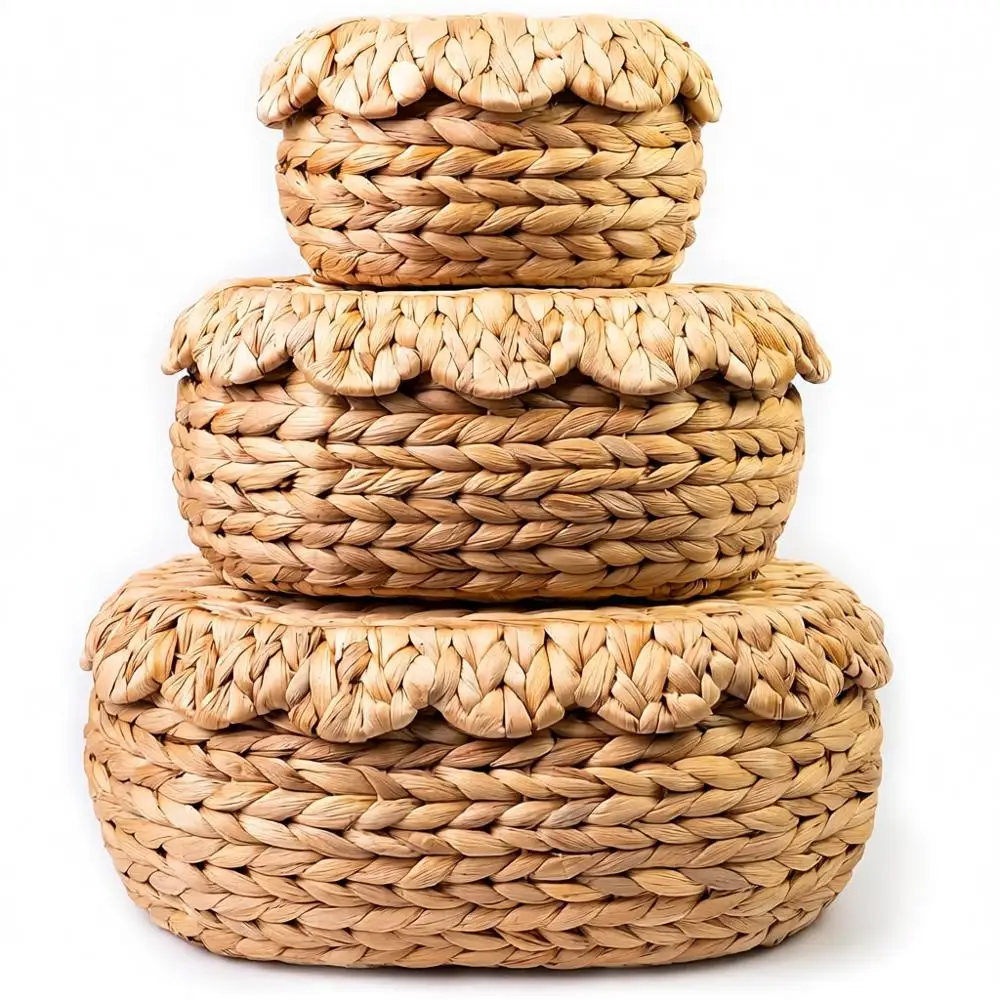 

Set of 3 Natural Wicker Storage Baskets with Lids - Decorative Handwoven Rattan Boxes for Organizing, Scalloped Edge Hyacinth St