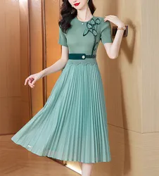 Elegant Miyake Pleated Summer Dress French Women Round Collar Short Sleeve Leaf Beading High Stretch Ladies Office Midi Vestidos