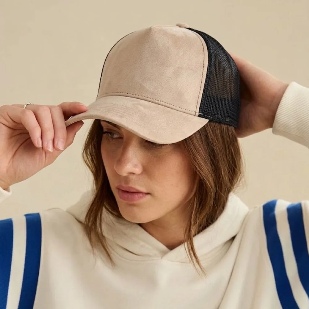 Vintage Khaki Faux Suede Trucker Hat custom Black Mesh Back Baseball Cap Color Block Curved Brim cap laser engave Casual Dad Cap