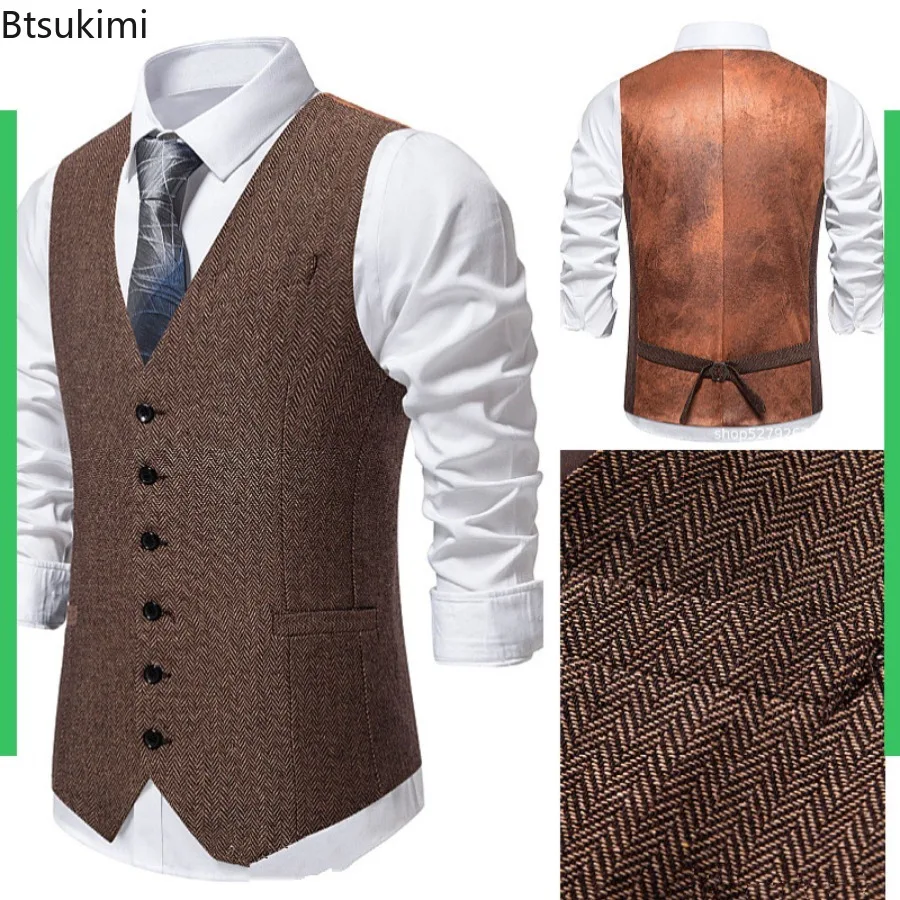 

Men's Suit Vests Solid Color Herringbone Suit Waistcoat Business Casual Working Wear Retro Brown Single Breasted Vest for Men