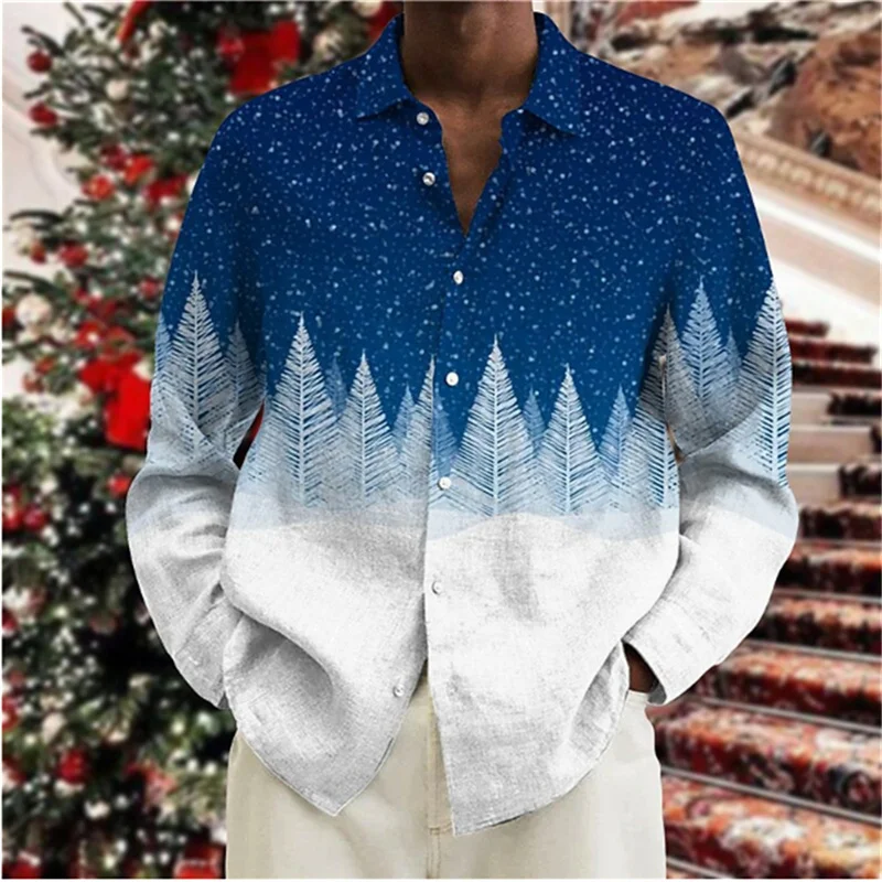 Happy New Year Men\'s Shirt Christmas Party Print Lapel Long Sleeve Shirt All-match Large Size Fashion Personality Shirt