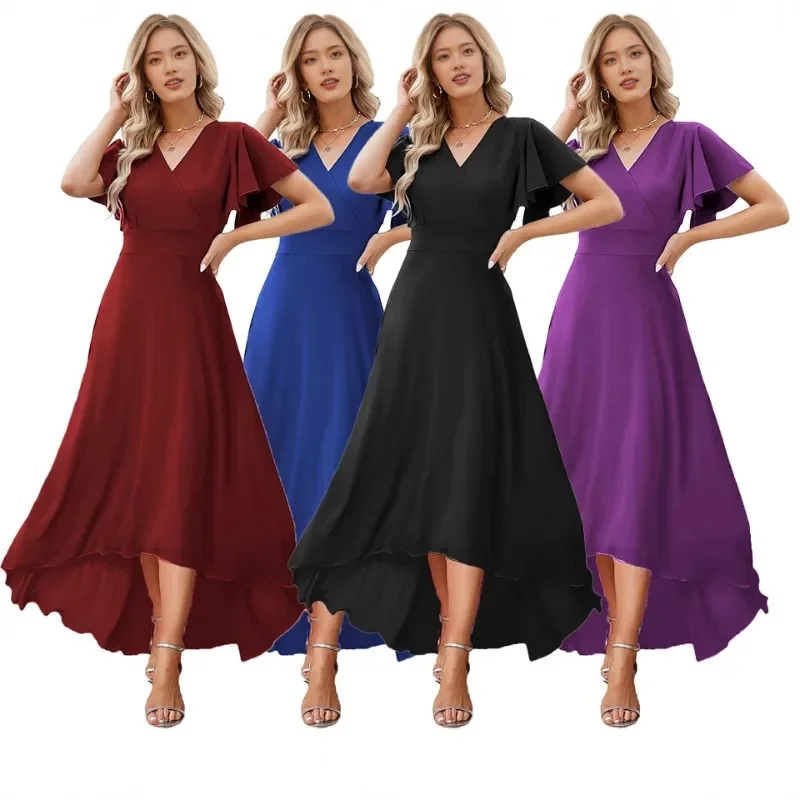 Women's summer chiffon dress with V-neck flowing sleeves and asymmetrical hem, elegant long skirt for women