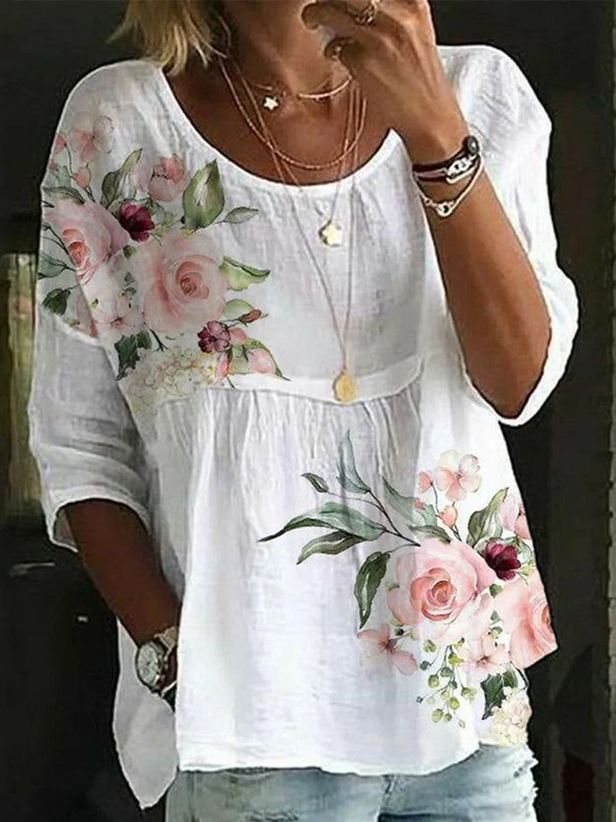 Camisa holgada con cuello redondo para mujer, camisa informal estampada, Top elegante para vacaciones y fin de semana