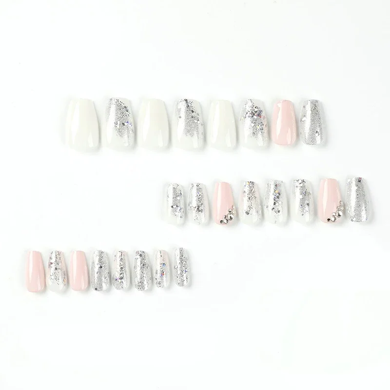 24Pcs Pink and White Contrast Press on Nails Rhinestone Silver Glitter False Nail for Women&Girl Removable wearable Nail Art