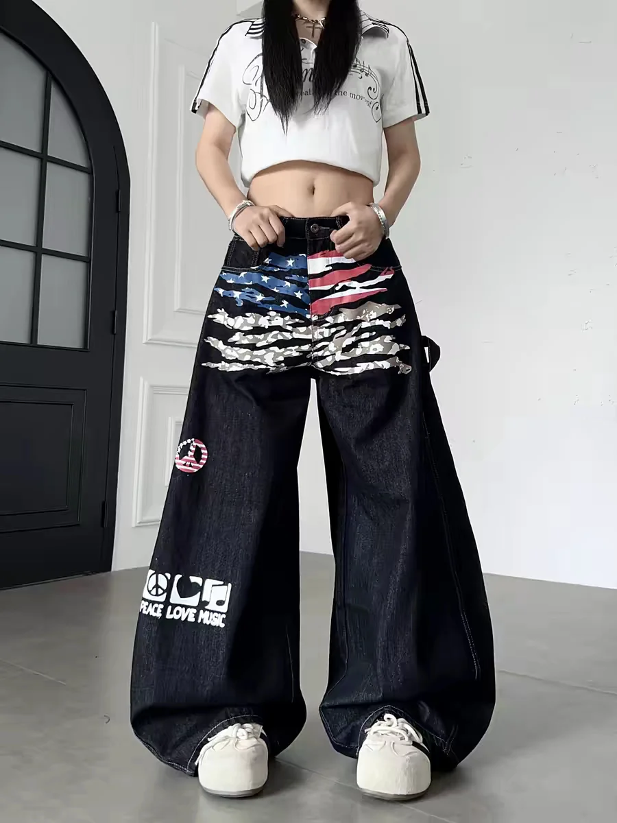 Calças Jeans com Estampa de Grafite da Bandeira Americana, Casuais, Largas, de Perna Larga, para Homens e Mulheres, Design Hi...