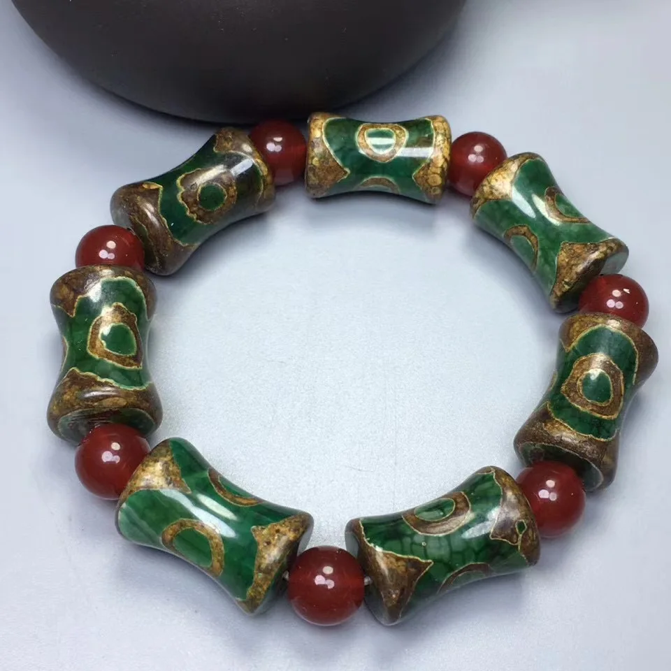 Natural Agate Three Eye Green Bamboo Festival DZi Bracelet for Men and Women