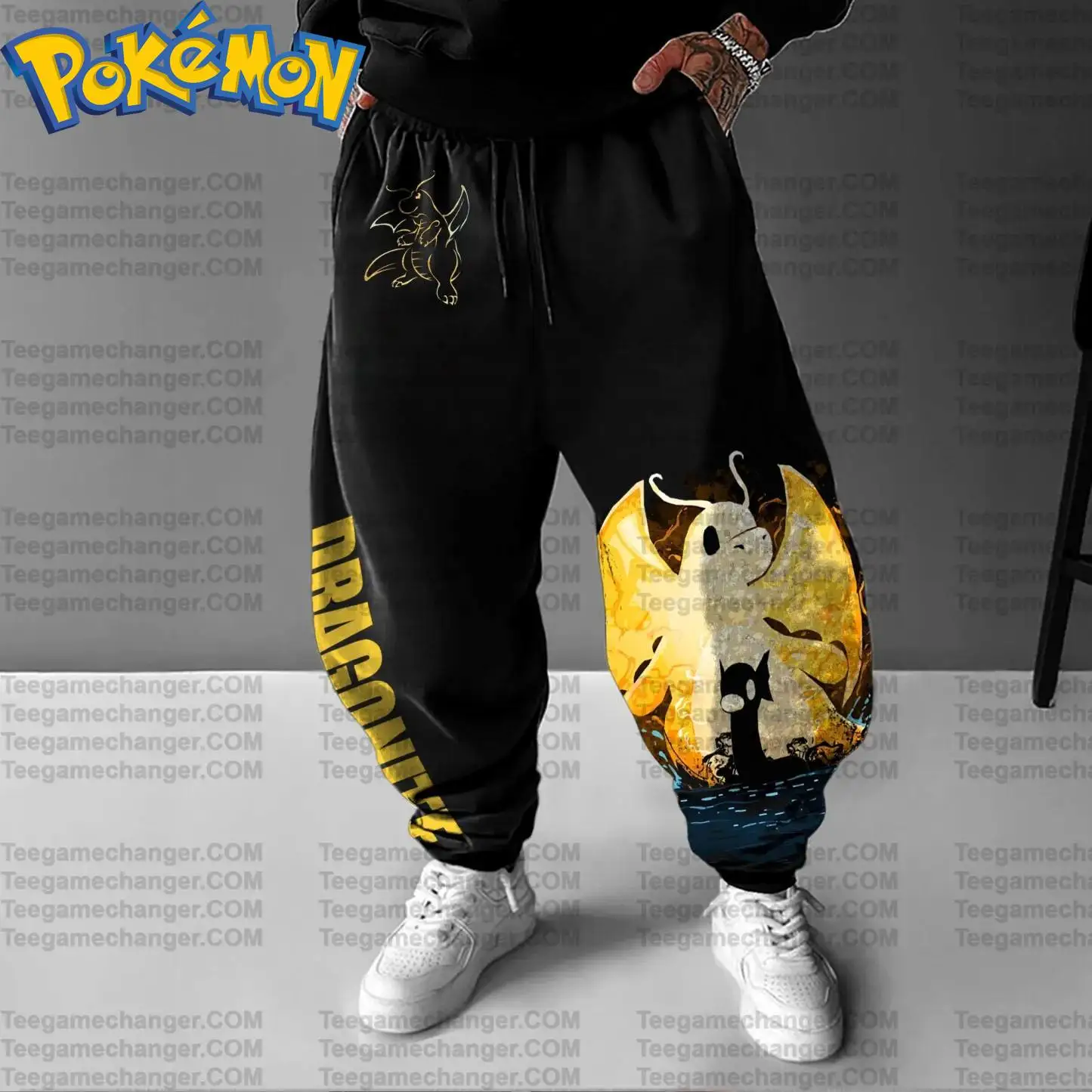 طقم بناطيل هاراجوكو بقلنسوة قطنية من Pokemon Anime Dratini Dragonair مطبوع عليه شخصية سوداء مع خلفية قمر الماء الأزرق #2