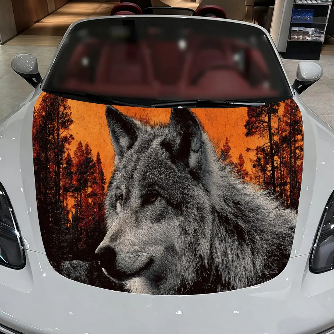 Car Decals A Wolf Design with Forest Elements in a Warm, Sunset-Inspired Textured Background with Artistic, Majestic Visual Deta