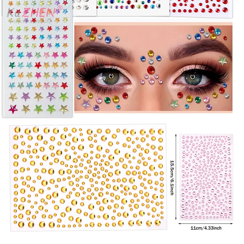 1 hoja 3D cara ojo fiesta maquillaje tatuaje pegatina diamante diamantes de imitación autoadhesivo cristal mezclado decoración de la cara pegatina