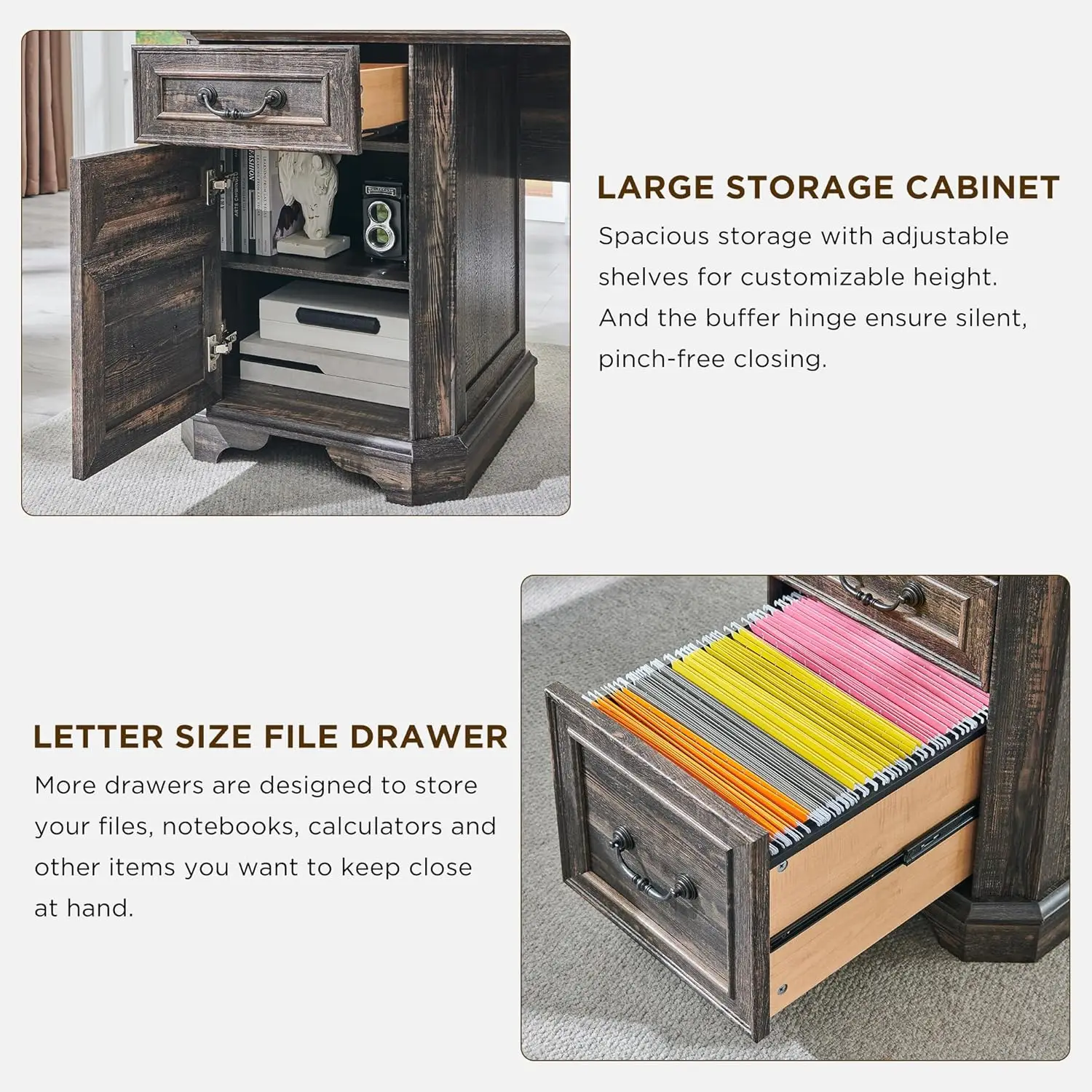 59-футовый L-образный стол с ящиками, компьютерный стол из дерева в фермерском доме, зарядная станция, ящик для документов, шкаф для хранения, дуб темного деревенского языка