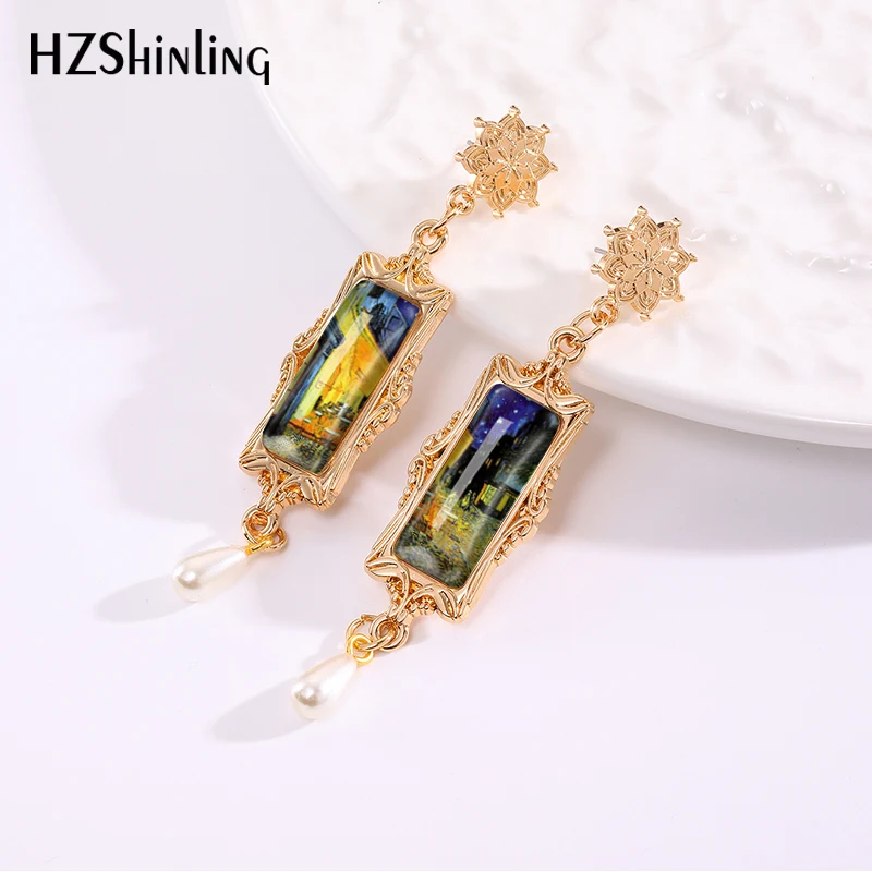 2024 New Van Gogh Paintings Drop Earring Starry Night Retro Rectangular Earrings Golden Mandala Charm Glass Cabochon Jewelry