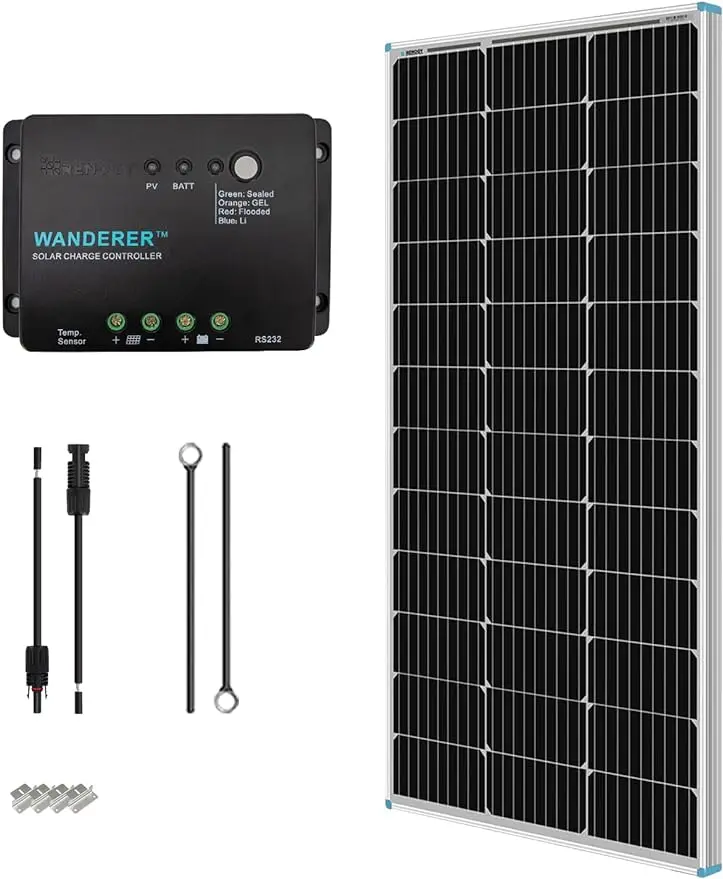 

100 Watt 12 Volt Solar Panel Starter Kit with 100W Monocrystalline Solar Panel + 30A PWM Charge Controller + Adaptor Kit