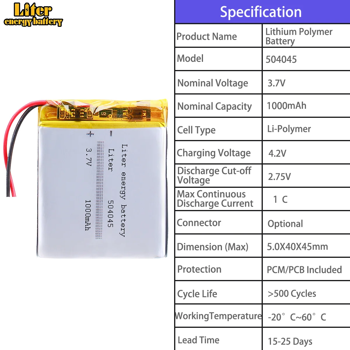 504045 1000mah 504050 1500mah 504060 1700mah 504070 2000mah 504575 2500mah  3.7V Polymer Lithium Battery
