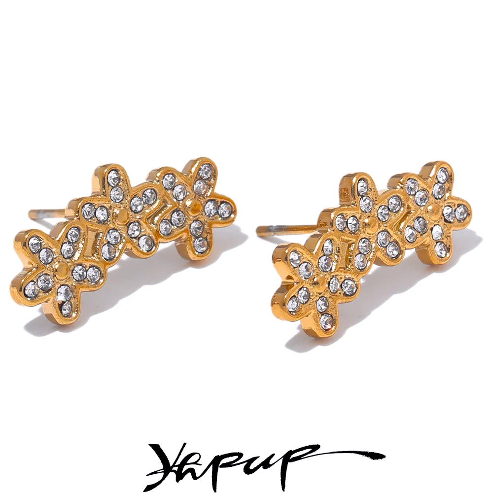 Yhpup Fashion Chic Cubic Zirconia Flower Daily Stud Earrings for Women Stainless Steel Waterproof Jewelry Accessories Bijoux