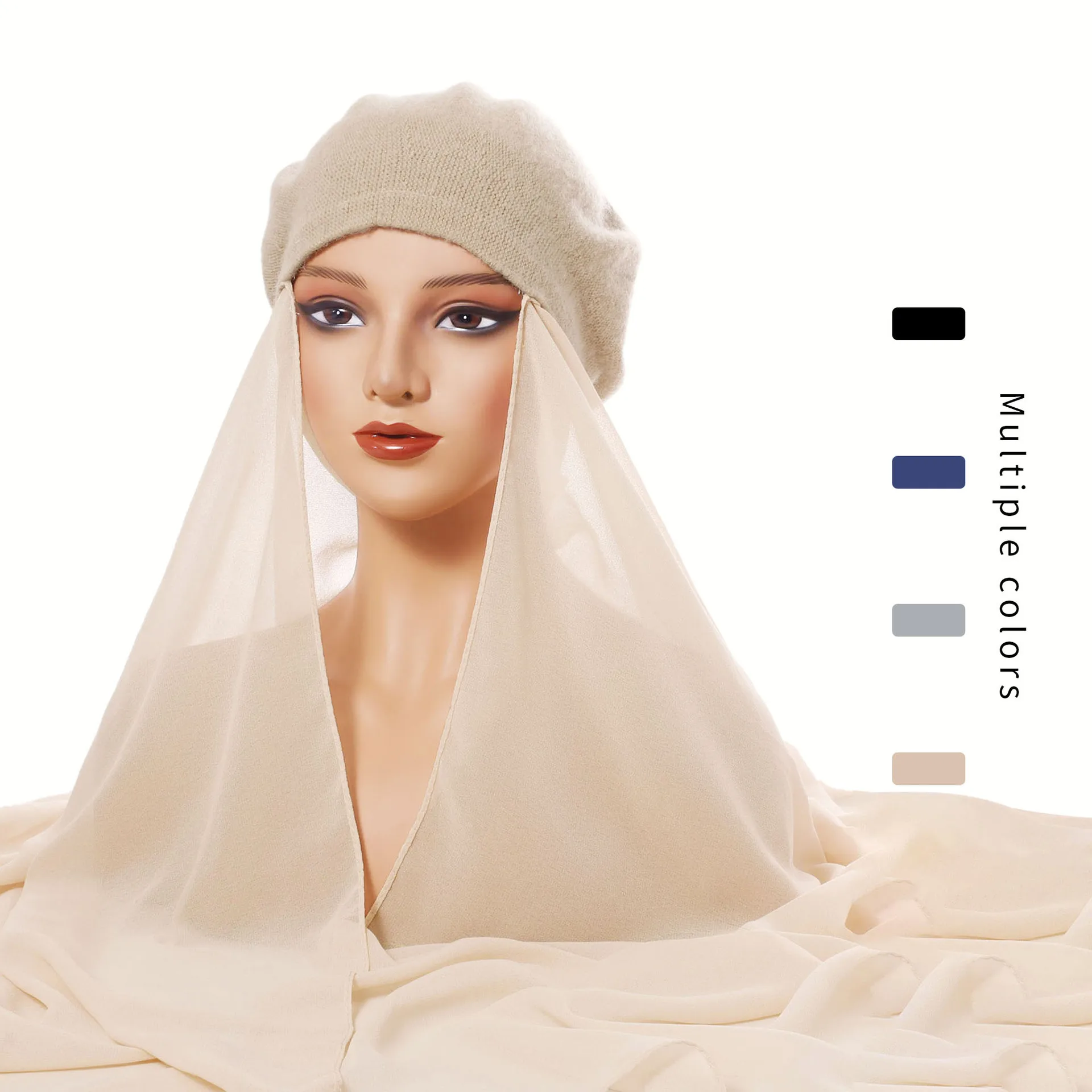 

Fashion Hijab Hat Multicolor Beret Scarf Hat New Chiffon Scarf