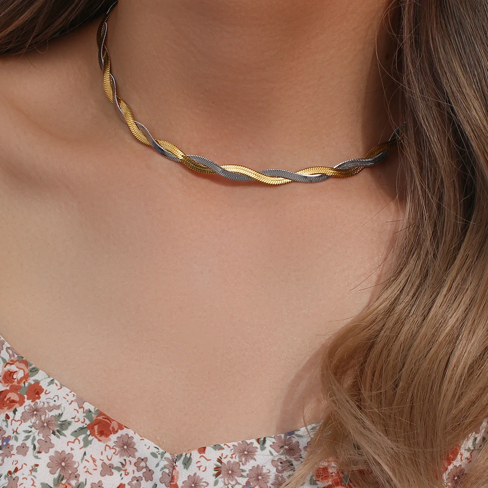 E.B.belle Gold&Silver Color Braid Herryingbone Chain Choker Necklace For Woman E B belle Official Store Stainless Steel Jewelry
