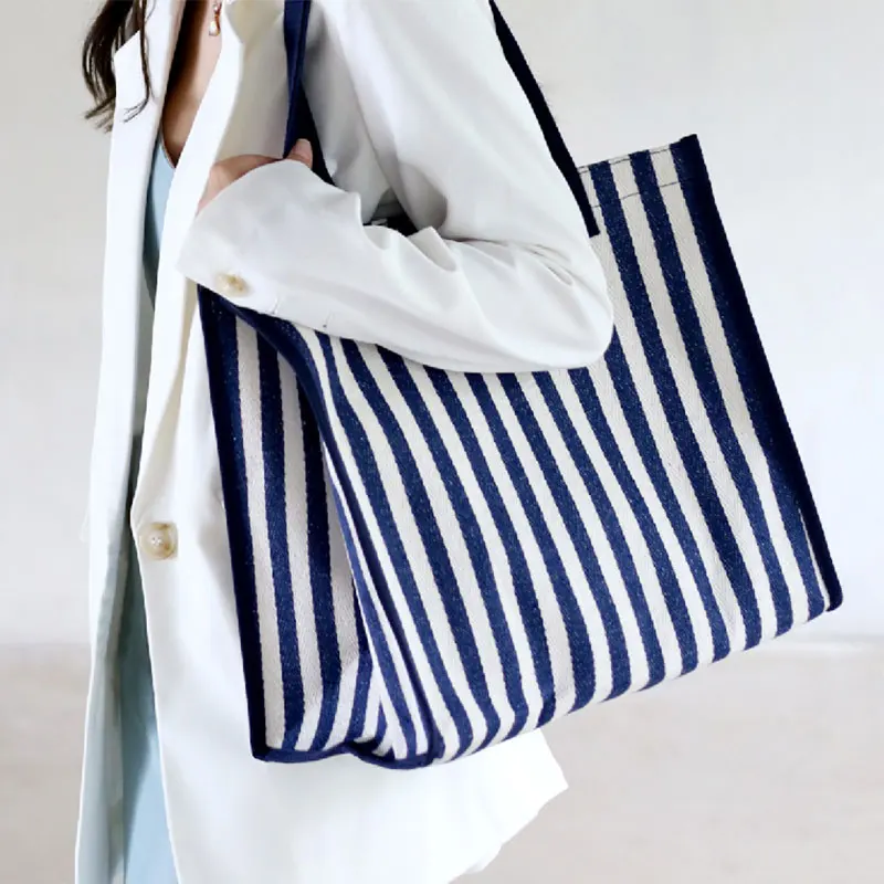 Canvas tote for office women striped shoulder bag casual all-match shopping bag