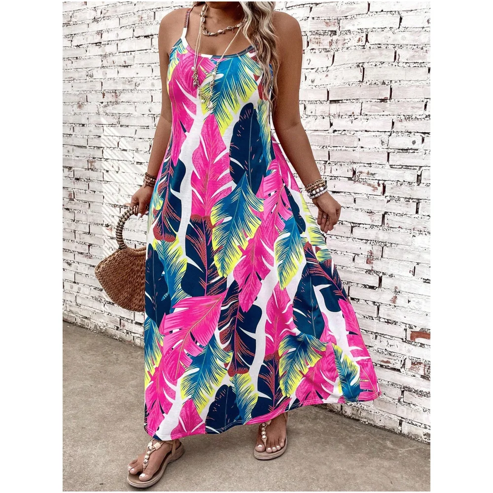 Damska letnia sukienka plażowa z nadrukiem kokosowym Sukienka damska Nadmorskie wakacje Bez rękawów Długa sukienka Casual Boho V-neck Slip Dress