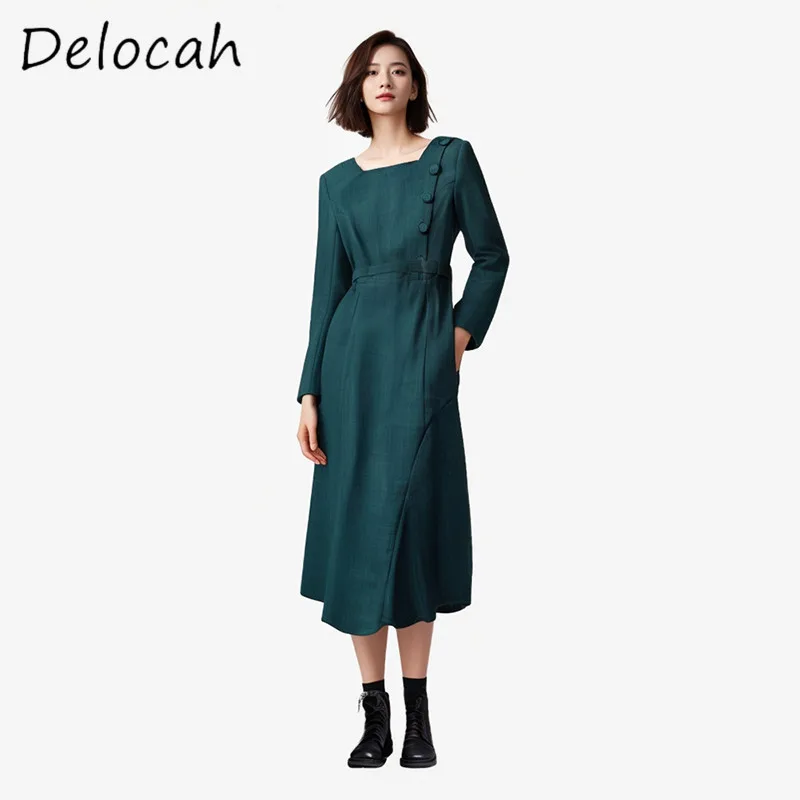

Delocah Fashion Design Women's Square Neck Side Button Buckle Decoration Long Sleeve Belt Slim fit Big Swing Green Dress