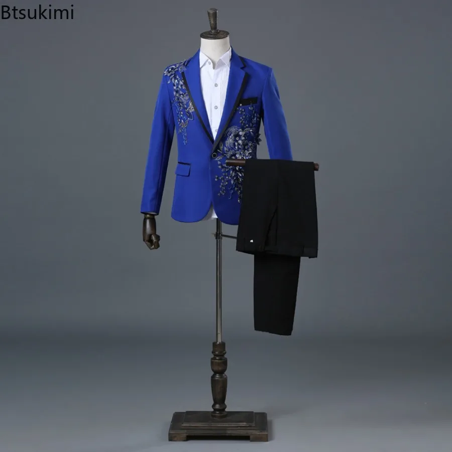 Elegant Appliqued Men's Suits Luxury Slim Fit Two Piece Sets Formal Tuxedo Suit and Pants Host Singer Stage Performance Costumes
