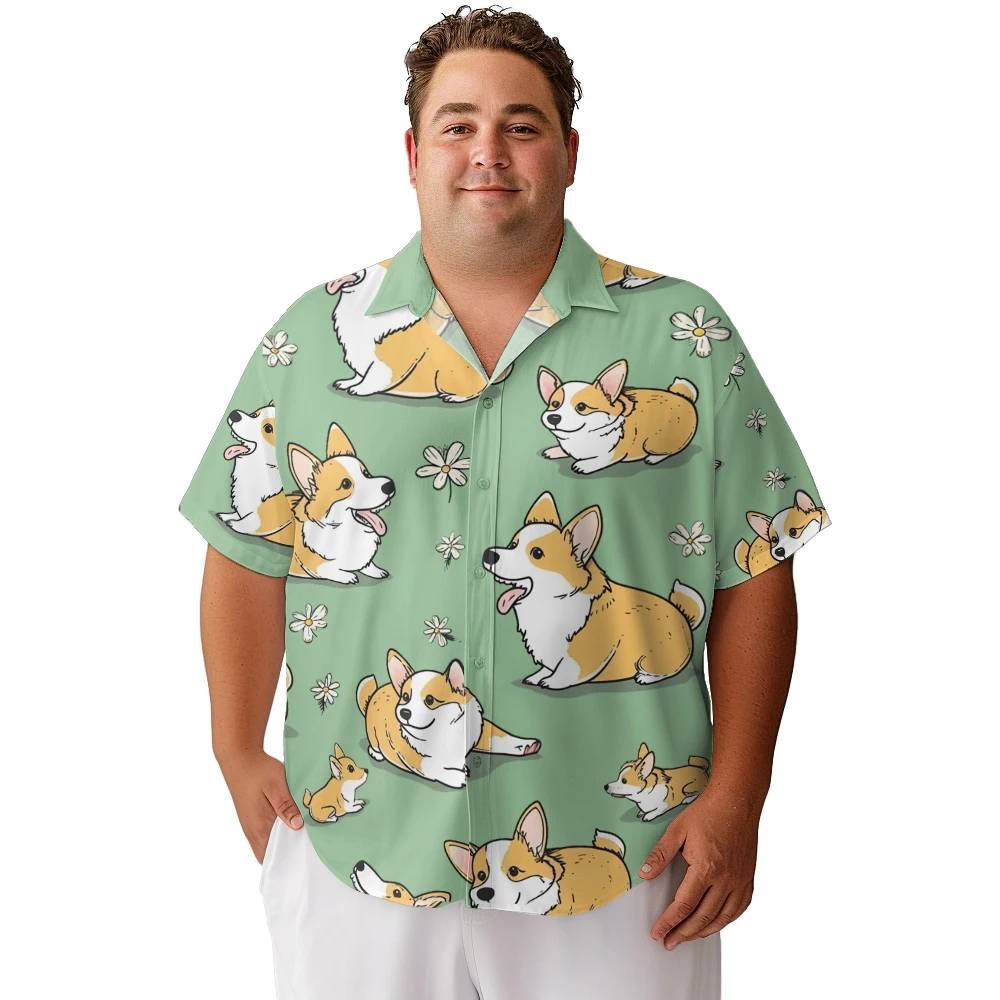 2024 new  Men's shirts plus size Grass resting cute corgis printed clothing casual short-sleeved