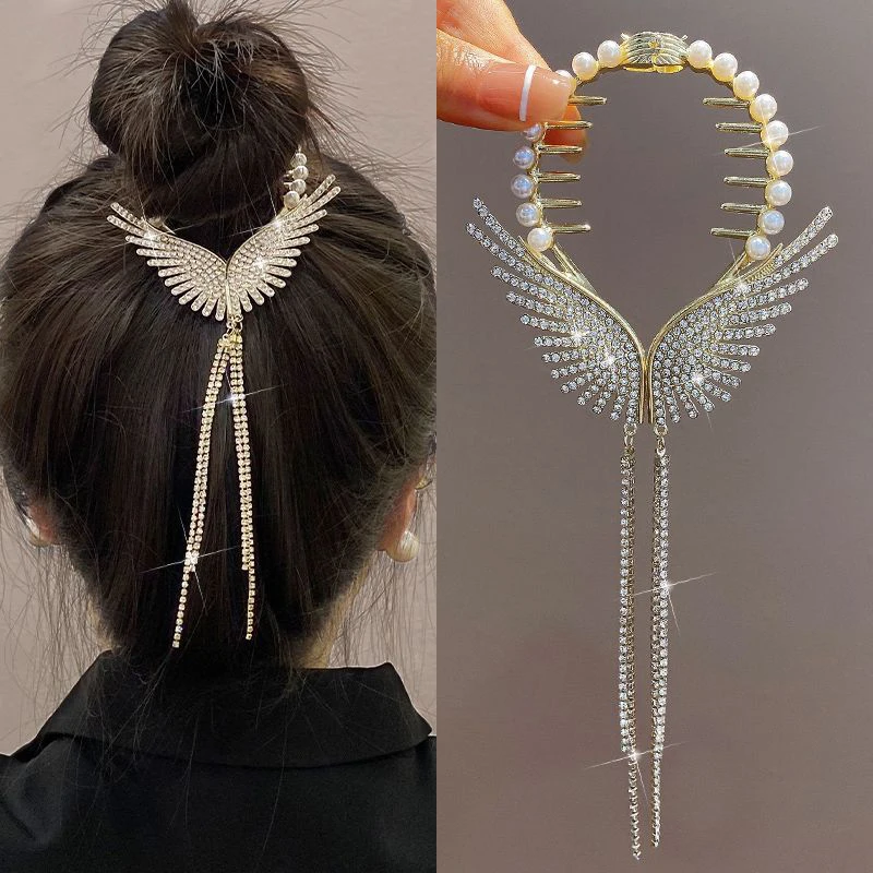 New Angel Wings Hair Bun Hair Clips Women Girls Rhinestone Tassel Ponytail Button Hairpin Golden Fashion Accessories