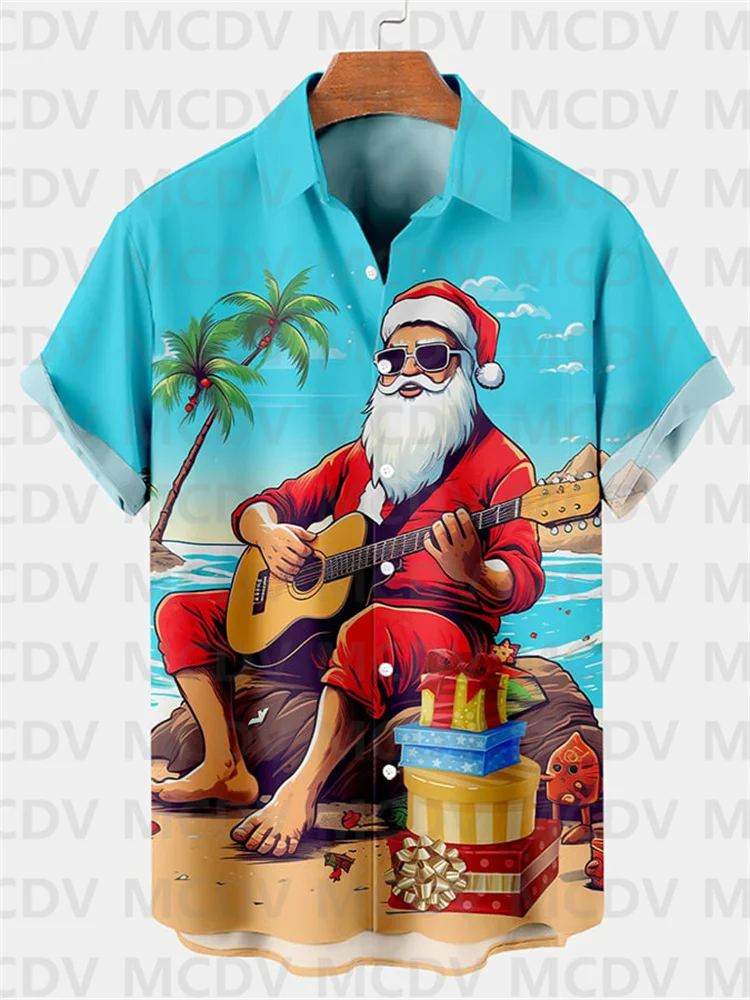 New Year Hawaiian Shirt For Men's Xmas Rock Christmas Beachwear Casual Santa Claus Guitar Print Button Clothes For Men Clothing