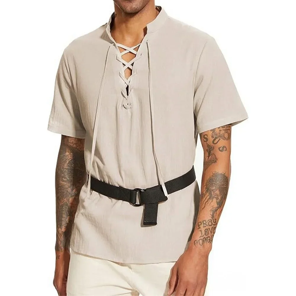 Vintage Pirate Gothic Style Men's V-neck T-shirt Cotton Linen Solid Color Drawstring Design Breathable Stylish Party Cos Tees
