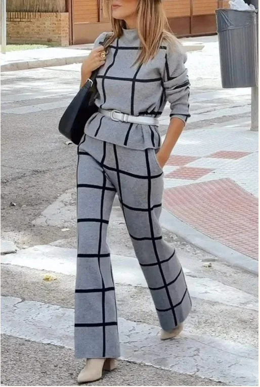 Autumn Winter Fashion Plaid 2 Piece Set Women Casual Office Commuter Lady Half-high Collar Blouse Wide Leg Pants Two Piece Sets