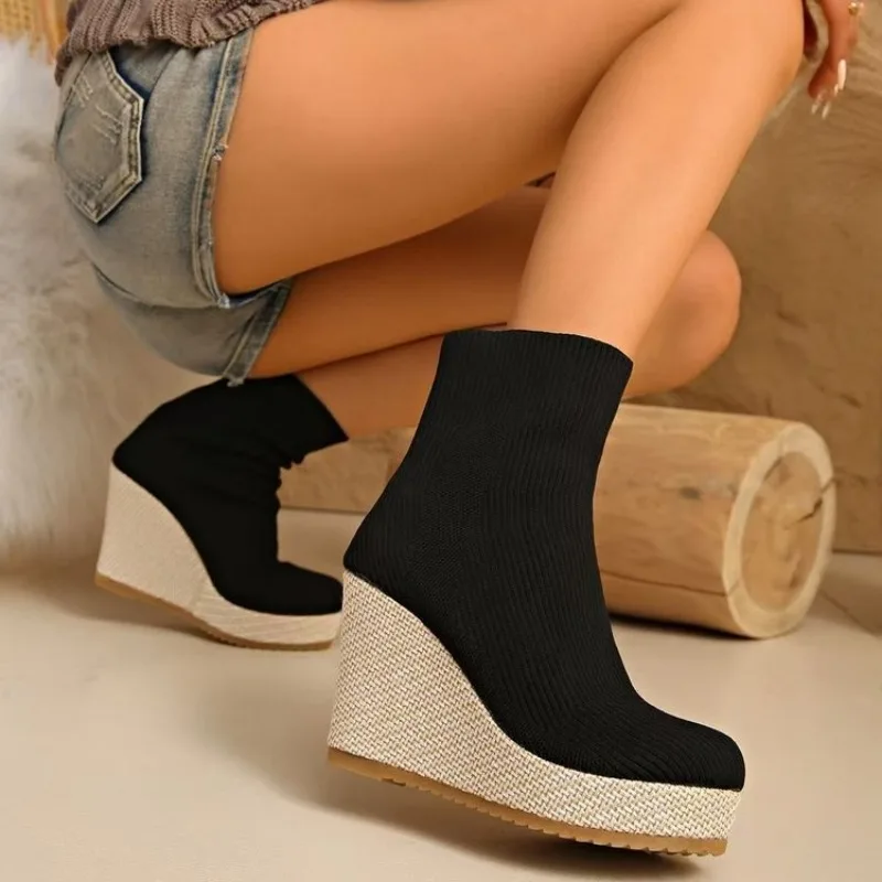 

Women's Boots 2026 New Fashion Pointed Soft Knitted Casual Comfortable Shoes Plus Size 41 42 43 Wedge Heels Pumps Simple