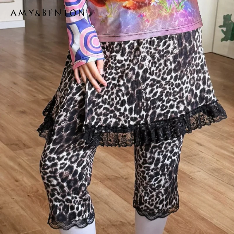 

Original Design Sweet Cool Leopard Print Women's Fake Two-piece Skirt Pants 2026 Summer New Fashion Versatile Capris Ladies