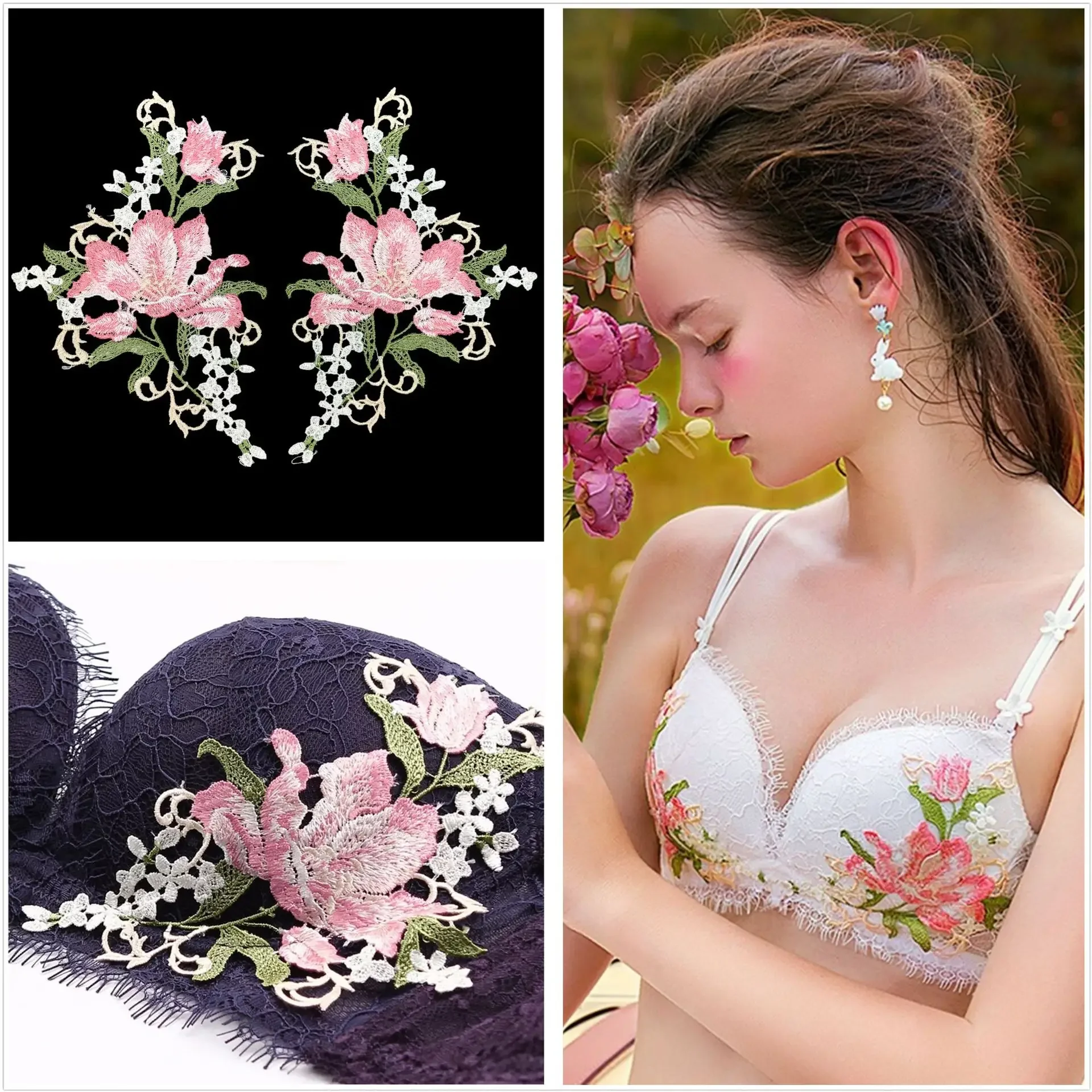 Flower Applique for Embroidery, Fabric Sewing, Lace Patch, Flower Decals, Clothing, Underwear, Craft Accessories, DIY, 1 Pairs