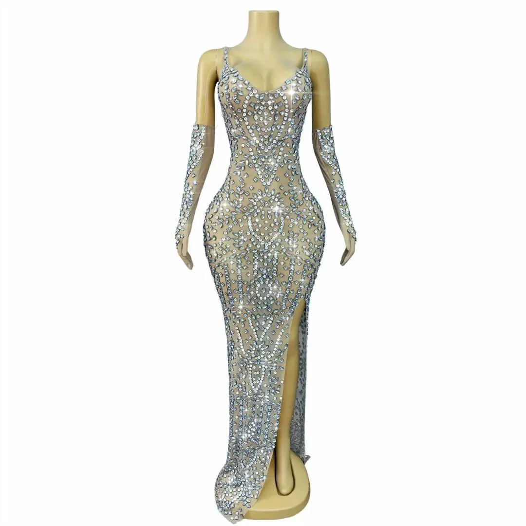 فستان سهرة فاخر من Xingyunzuan فضي كامل الماس ومنظور شبكي مع قفازات للحفلات الراقصة وحفلات الزفاف وحفلات الزفاف #3