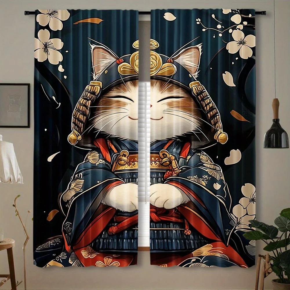 Samurai Cat Curtains, Japanese Warrior Anime Window Drapes, Traditional Kimono Decor, Blackout Fabric for Living Room Bedroom