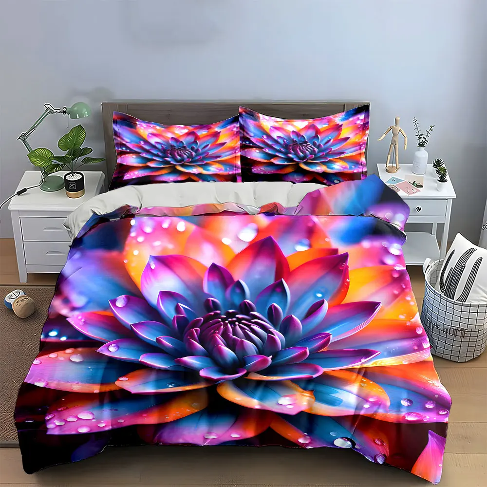 3Pcs Colorful Lotus Bedding Set, Vibrant Rainbow Flower with Water Drops Print Duvet Cover + 2 Pillowcases for Bedroom Decor