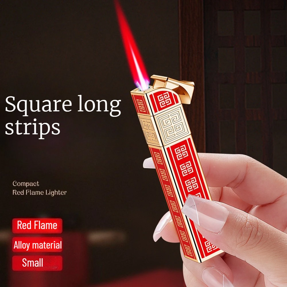 

Metal Square Long Strip Windproof Red Flame Lighter for Women Portable Inflatable Cigarette Lighter for Men Smoking Accessories
