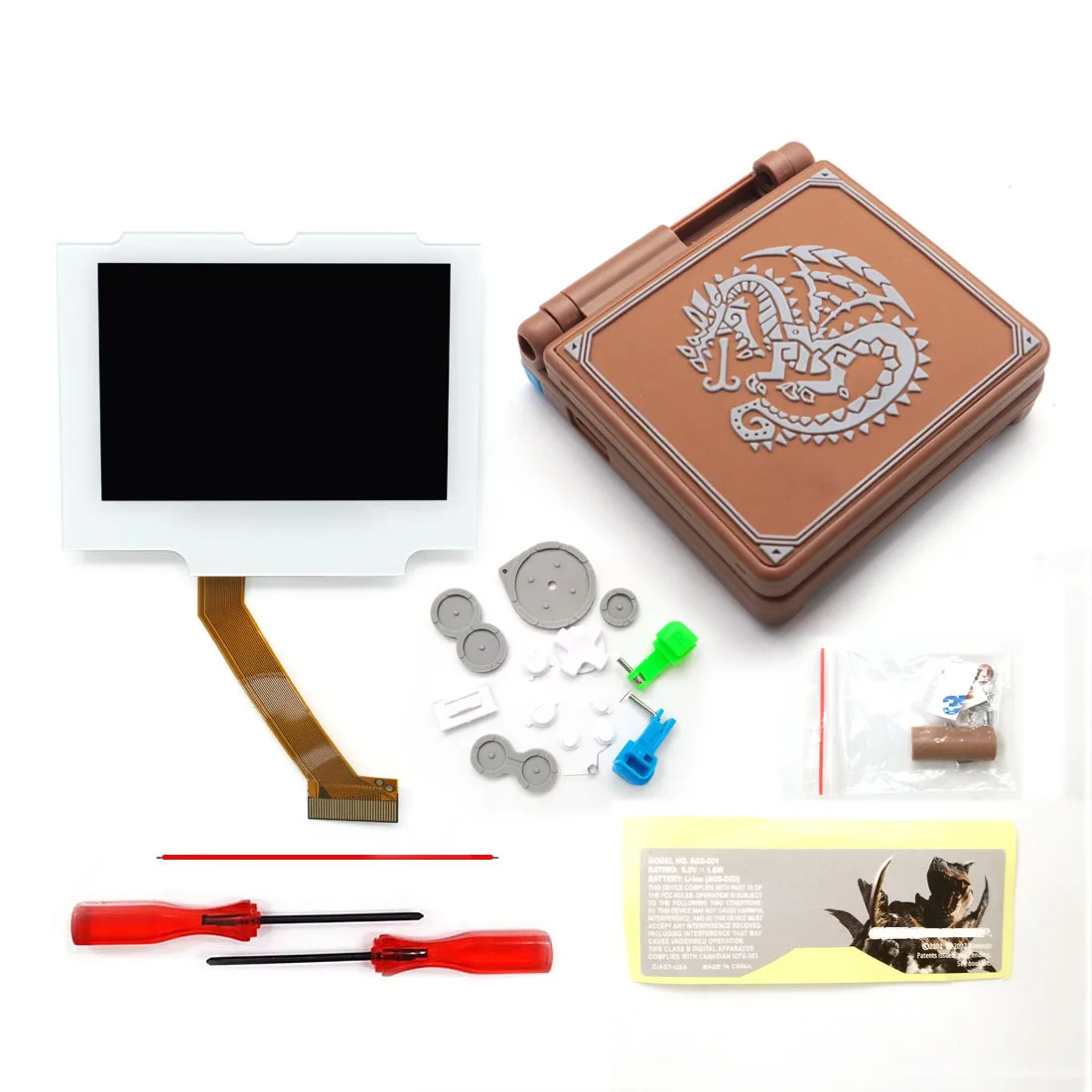 

White Glass Lens-- Pre-Laminated V5 Drop in Backlight LCD+3D Coffee Chinese Dragon Shell For GBA SP